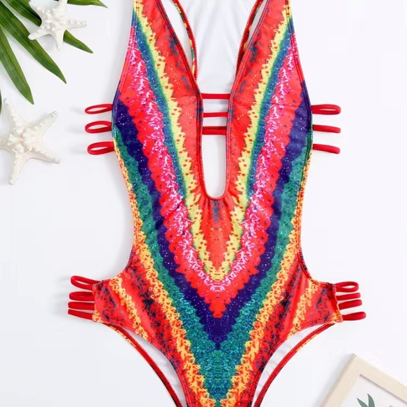Other - MColorful Ladder Straps & Side High Cut Deep V Open Back One Piece Swimsuit